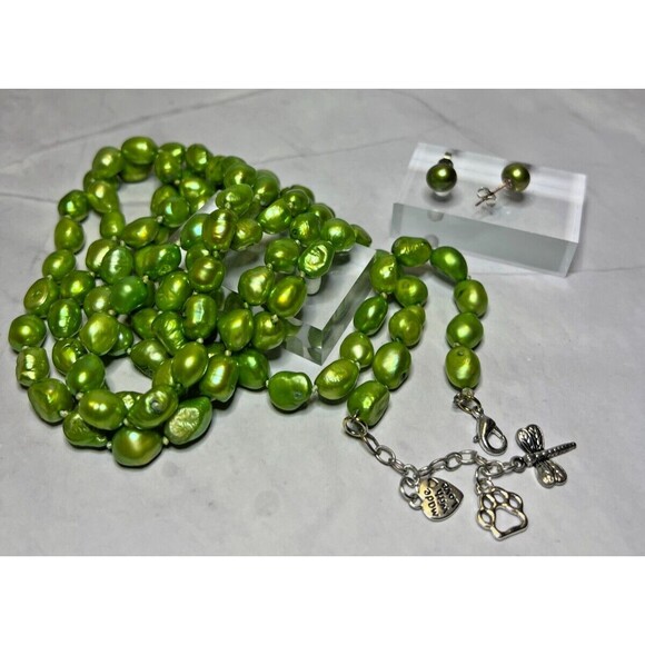 Green Natural Freshwater Pearls Necklace & Earring Set, (0112) - Picture 2 of 7